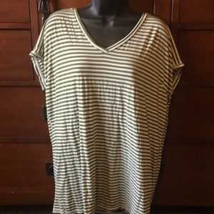Green & White Striped V-Neck Piko Top